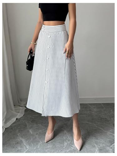 MakeMeChic Women's Skirts Trendy Summer Striped High Waist Button A Line Work Office Midi Skirts2