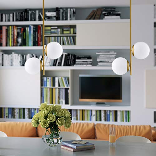 Linea Di Liara Caserti Mid Century Modern Chandelier Double Pendant Light - Satin Brass Glass Globe Hanging Chandeliers - Kitchen & Dining Ceiling Lighting Fixtures #TOP3