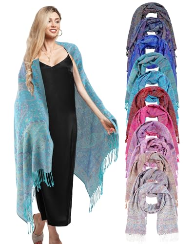Chuarry 12 Pcs Pashmina Paisley Shawls and Wraps Bulk Soft Silky Reversible Scarf Rave Tassels Scarves Wedding Gift