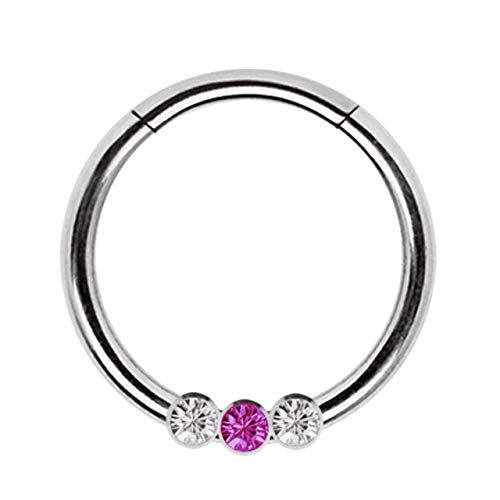 Piercing Smooth Segment Ring, Clicker mit DREI Steinen klar-pink in 1,2 x 8 mm