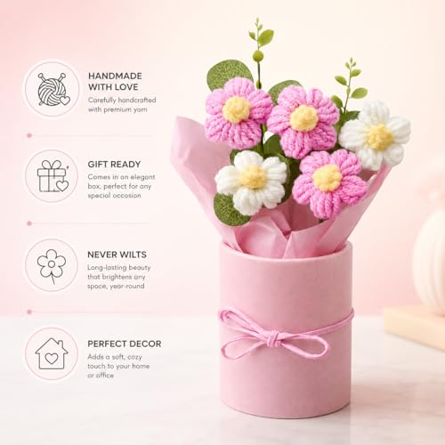 Image of Handmade Crochet Flower Bouquet with Gift Box - Pink & White Knitted Artificial Floral Arrangement, Hand Woven Yarn Flowers for Desk Decor, Car Decoration, Bedroom, Wedding