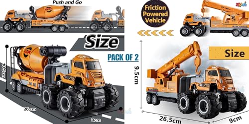Image of 1:43 Scale Diecast Construction Truck Set [Pack of 2] - Metal Crane Truck & Cement Mixer Toy, Alloy Miniature Vehicles with Friction Power, Birthday Gift for Kids Boys Girls