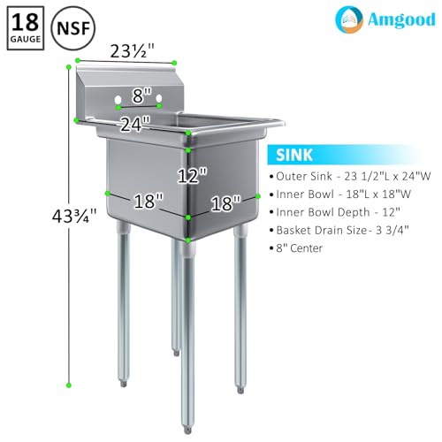 Image of AmGood Stainless Steel Prep & Utility Sink | 304 Stainless Steel | Restaurant, Kitchen, Laundry, Garage | NSF (24 in. x 23 in. | One Bowl)