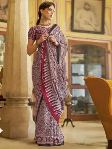 Image of SAREE MALL Women's Ajrkh Print Satin Crepe Polka Dot Printed Saree With Unstitched Blouse Piece