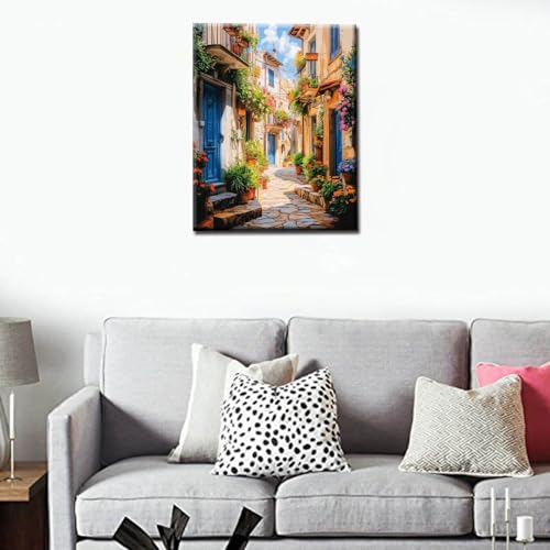 Image of Tucocoo Sunlight Scenery Paint by Number for Adults on Canvas Acrylic Pigment Brushes Clouds DIY Oil Painting Kits for Kids Beginner Italy Street Home Wall Decor for Living Room16x20inch Frameless