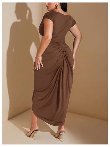 Image of Floerns Women's Plus Size Asymmetrical Neck Long Dress Ruched Slit Hem Cocktail Dress