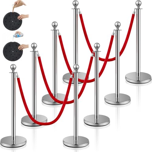 Ferraycle 8 Pcs 2026 Prom Stainless Steel Stanchion 5 ft Velvet Carpet Ropes and Pole Crowd Control Barriers Grand Opening Casino Movie Theme Party 360 Photo Booth Accessories (Silver)
