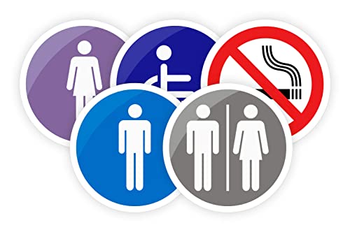 Aseos Pegatinas Pack de 5 ud de 14 cm Señales Adhesivas para Puertas Cartel Baños Señales WC Mujer Hombre Discapacitado Prohibido Fumar Negro