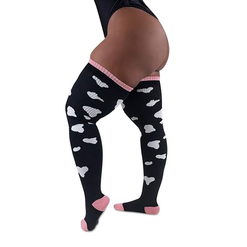 Image of Thunda Thighs Plus Size Thigh High Socks, Over the Knee High Boot Stockings Leg Warmers, Extra Long & Thick Socks Cow Print White Spots