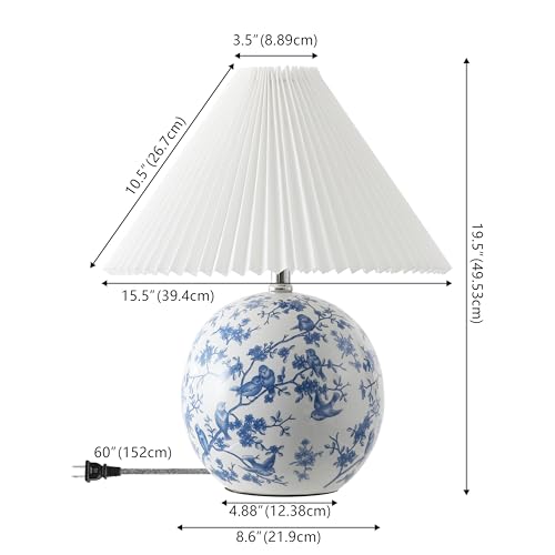 Image of JONATHAN Y 19.5 inch White /Blue Shishen Chinoiserie Ceramic Table Lamp, Traditional Hand-Painted Floral Cottage Lamp with White Pleated Linen Shade, LED Bulb Included (JYL5056B)