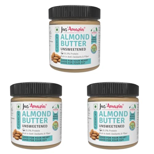 Image of Jus' Amazin Crunchy Almond Butter - Unsweetened (200 g) | 25% Protein | Only Pure Whole Almonds | Zero Additives /Chemicals | Plant Based, Dairy Free, Keto | Clean Nutrition, 0% Chemicals (Pack of 3)