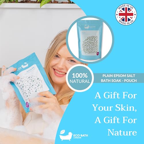 Image of Eco Bath London Plain Unscented Epsom Salt Bath Soak - Pouch 2.2 lb (1 kg), Made in UK, Natural Magnesium Bath Salt, Relaxing Spa Bath Soak for Stress Relief, Self Care Gift for Women and Men