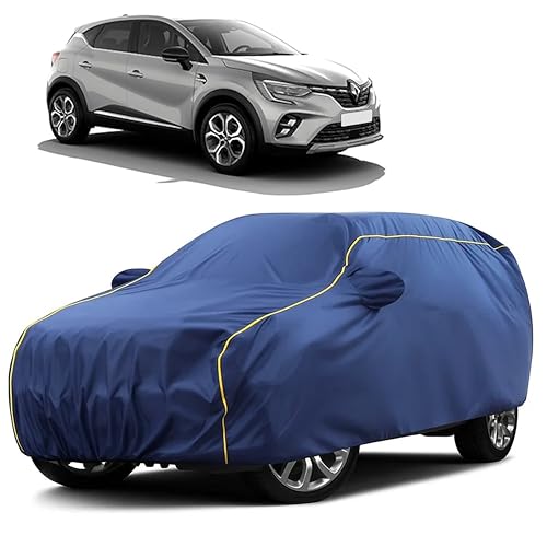 Image of Sulfar 100% Water Resistant Car Body Cover Compatible with Mirror for Renult Captur (Triple Stitched, Full Bottom Elastic, Blue Taffeta with Yellow Piping)