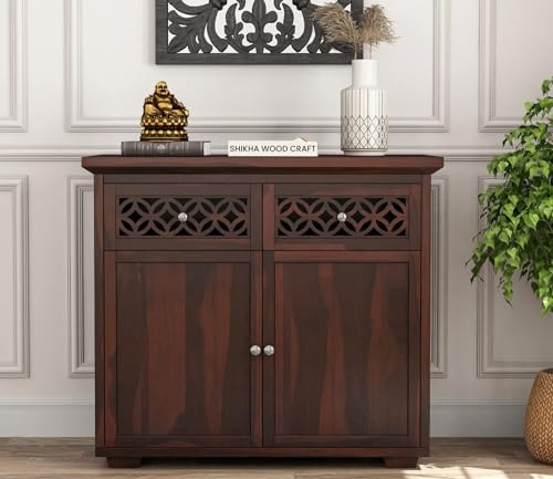 Image of SHIKHA WOOD CRAFT Solid Sheesham Wood Sideboard Cabinet with 2 Drawers and 2 Doors Storage | Wooden Multipurpose Cabinet Storage Furniture for Living Room, Bedroom, Home, and Kitchen (Walnut Finish)