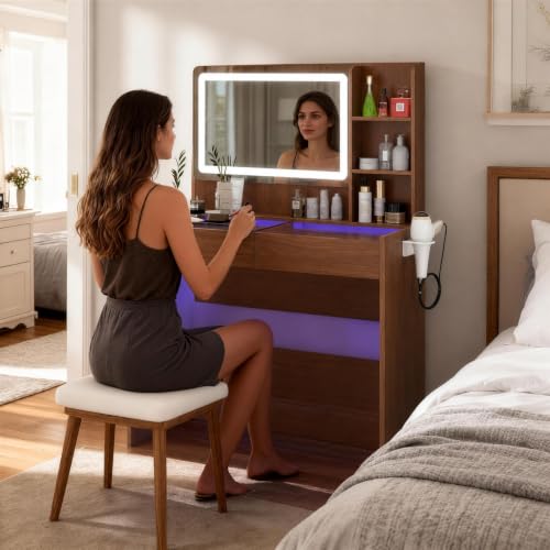 Image of Makeup Vanity Desk with LED Mirror& RGB Light,Glass Top,Power Outlet,Walnut