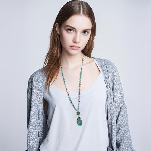 Boho Turquoise Necklaces for Women,36.8 Inch Natural Stone Beaded Long Pendant Necklaces, Handmade Bohemian Fashion Chakra Chunky Statement Charm Gold Necklace Jewelry Gift3
