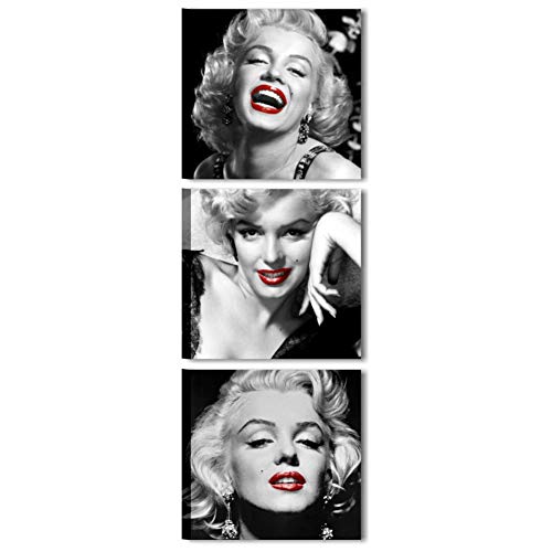 Quadri L&C ITALIA Marilyn Labbra Rosse - Quadri Moderni Soggiorno Cucina Ufficio 3 Quadretti 25 x 25 Stampe su Tela da Parete Bianco Nero