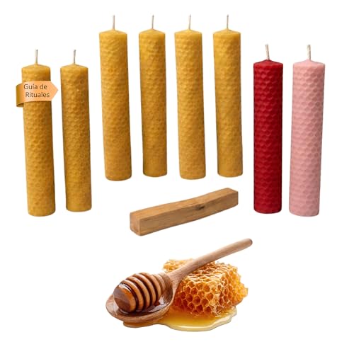 ME HECHIZAS TU® Kit Ritual Velas de Miel Pura de Abeja con Palo Santo - 8 Velas (6 Miel, 1 Rosa, 1 Roja) para Amor y Abundancia - Enrollada Artesanalmente con Guía Digital para Días 11 y 22