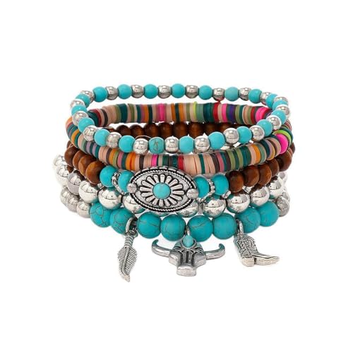 Western Bracelets for Women,Cowgirl Turquoise Beaded Stretch Bracelets,Stackable Bull Head Cowboy Boots Feather Bracelets Set,Western Cowgirl Jewelry Accessories for Women