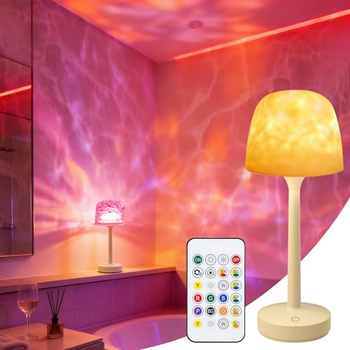 Waterproof Bathroom Shower Lamp with Ocean Wave Projector 2-in-1 Table Night Light 16 RGB Colors 3 White Modes 5000mAh Rechargeable USB-C Lamp with Touch & Remote for Spa Shower Bedroom Gifts