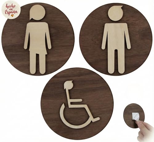 SOULVLAC Set de 3 Cartel Baño de Madera - Carteles de Baño Mujer, Hombre y Adaptado - Cartel Aseos de Diseño Artesanal, Original y Sostenible - Carteles WC Adhesivos