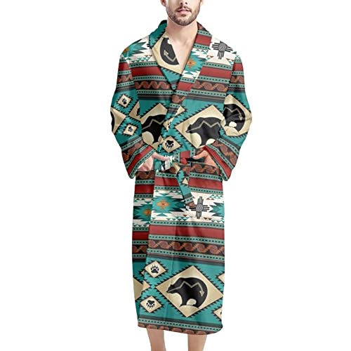 Poceacles Western Southwestern Native American Tribal Navajo Design Robes With Tie Belt Long Sleeve Shawl Pajama V-Neck Men's Bathrobes #TOP9