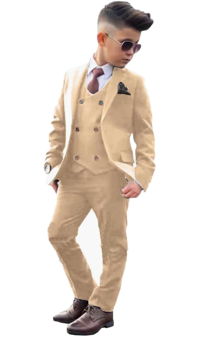 Formal Boy's Suit 3 PC Peak Lapel Flower Boys Tuxedos Blazer Vest Pants for Kids Dresswear Suit Champagne 16T
