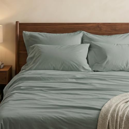 Image of Percale Cotton Cooling Bedsheet Set - 100% Cotton, Soft & Breathable, Bedsheet 106x106 in + Pillow Covers 18x27 in, Premium Bed Linen for All Seasons (Rain Green, King)
