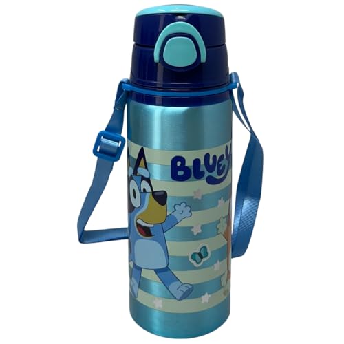Botella de aluminio con pajita Bluey y Bingo 730 ml con apertura automática pop up para niños, incluye correa