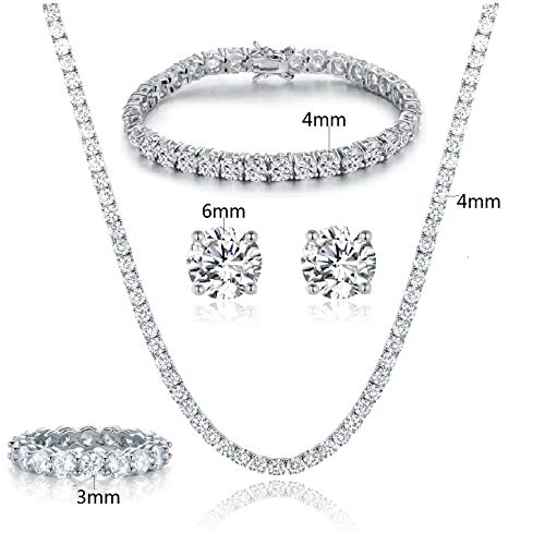 Gemsme 18K White Gold Plated Tennis Necklace/Bracelet/Earrings/Band Ring Sets Pack Of 4 (5) #TOP1