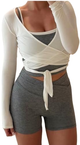 La mejor comparación de Ropa de Balonmano para Mujer - 5 favoritos. 44 Y2k - playera cruzada de ballet para mujer, para entrenamiento, yoga, danza, manga larga, entallada, con lazo frontal, para salir, Blanco suave, Small