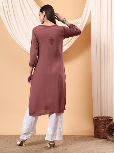 Image of POSHAK CHIKAN STUDIO Women's Hand Embroidered Lucknowi Chikankari Modal Straight Long Kurta, heer