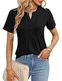 Conmite Short Sleeve Shirts for Women V Neck Casual Pullover Blouses Pleated Button Down Front Grace