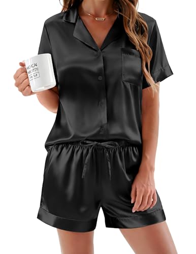 Image of Ekouaer Silk Pajamas for Women Button Down Sleepwear 2 Piece Pjs Shorts Set | Classic Short Sleeve Notch Neck Lounge Set with Pockets,Soft Cute Pj Set,Bridal Gifts,Pajama Party,Maternity Outfits
