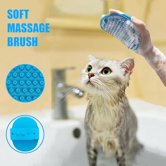 Grooming Brush Kit - 5pcs for Shedding & Matted Fur, Self-Cleaning with Flea Comb for Indoor Long-Haired Cats, Blue-485EK6nJ
