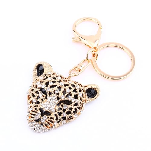 Pssopp Llavero de cabeza de leopardo de cristal, anillo de llavero, colgante de bolso de bolso de encanto, decoración de bolso de llavero, artesanías
