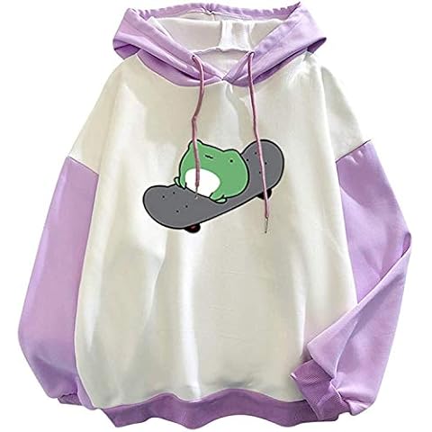 Teen Fashion Long-Sleeved Hoodie Frog Skateboard Print Sweatshirt Loose Cotton Drawstring Hoodie Cute and Pure (Color : Purple, Size : XXL) Cover
