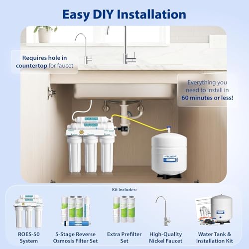 Image of APEC Water 5-Stage Under Sink Reverse Osmosis Water Filter System with Extra High Capacity Pre-Filter Set, Essence Series, WQA Certified, 50 GPD, Removes 99.99% of Contaminants, Home Water Filtration