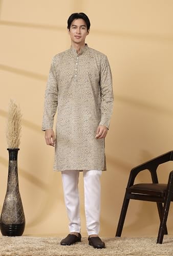 Image of Majestic Man Men's Cotton Regular Fit Casual Mandarin Collar Ethnic Motifs Printed Long Regular Kurta