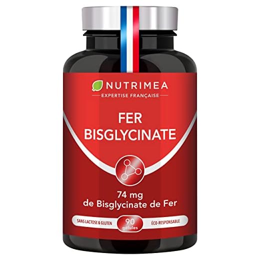 FER bisglycinate + Vitamine C - 14 mg de Fer/gélule - 100% des besoins - Absorption et biodisponibilité maximales - Cure 3 mois - 90 gélules vegan - Fabriqué en France - Nutrimea