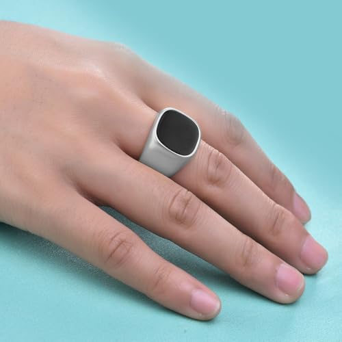 Image of Peora Silver Plated Stainless Steel Black Stone Studded Fancy Signet Ring for Men (US 9)