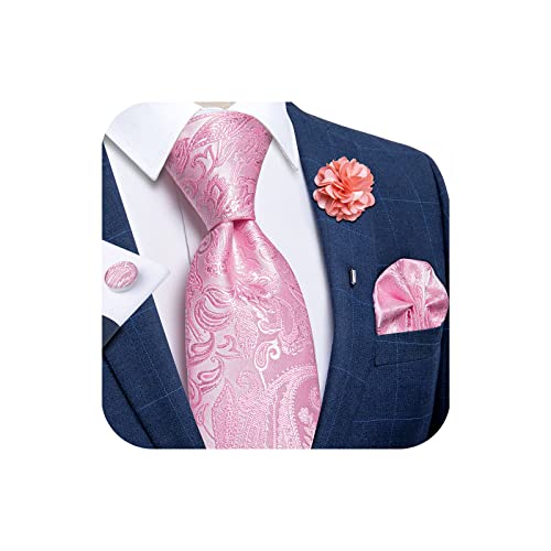 DiBanGu Silk Ties for Men Wedding Party Woven Pink Paisley Necktie and Pocket Square Cufflinks Lapel Pin Brooch Set