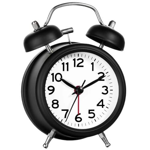 AKCISOT Loud Alarm Clock for Heavy Deep Sleepers 3 Inches Analog Metal Twin Bell Clocks Battery Operated with Backlight for Bedroom Bseide Old Fashioned for Desk Home Decoration (Black White)