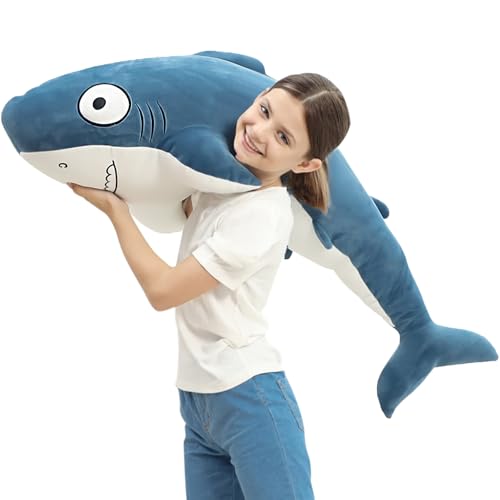 Image of 48 inch Blue Giant Sharks Plush, Large Whale Shark Stuffed Animals, Big Ocean Sea Fish Squishy Body Pillow Soft Plushies Toys, Gifts Kids Girls Boys, Birthday