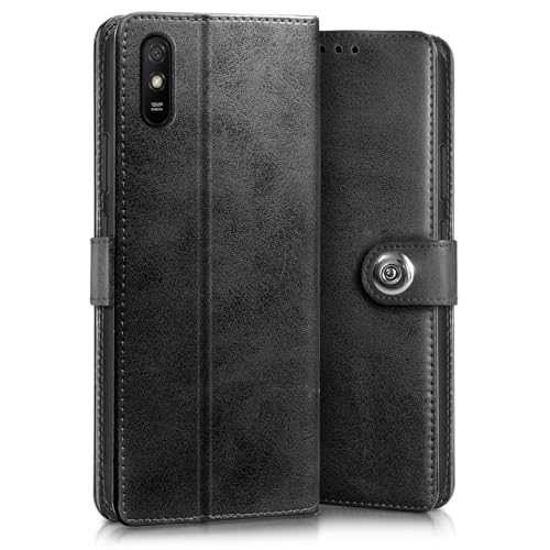 Image of WOW IMAGINE Shock Proof Flip Cover Back Case for Xiaomi Mi Redmi 9A | 9i | 9A Sport (Magnetic Button Flip Case | Wallet Pockets & Stand | Leather Finish | Haze Black)