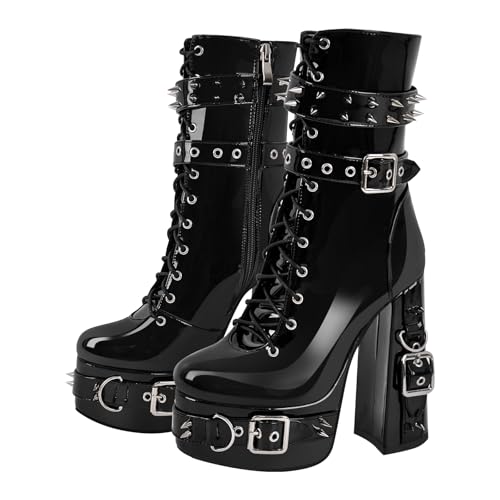 richealnini Women's Platform Punk Boots Studded Rivets Buckle Zipper Ankle Booties Ankle Strappy Dance Dress
