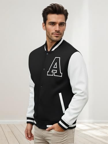 Image of CHKOKKO Men's Regular Varsity Jacket with Snap Button Closure and Patch Design Trendy Comfortable Outerwear for College Travel and Casual Wear
