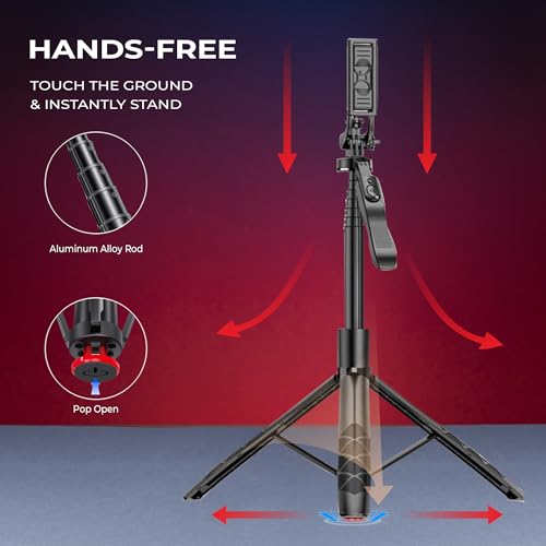 Image of Kratos 70 inch / 180 CM Long Selfie Stick, Pop Up Auto Open Tripod 360 Rotatable, Long Extendable Bluetooth Mobile Tripod with 1 /4 inch Screw for Mobile Phone Camera Gopro Vlogging YouTube Travel