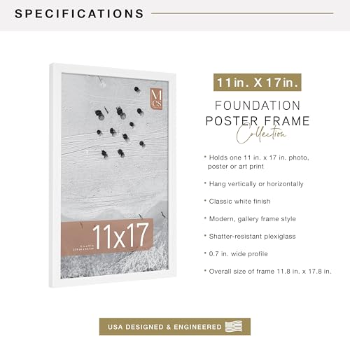 Image of MCS Foundation 11x17 Poster Frame Traditional White, Vertical & Horizontal Wall Hanging Large Picture Frame for Photos, Posters & Art Prints (1-Pack)