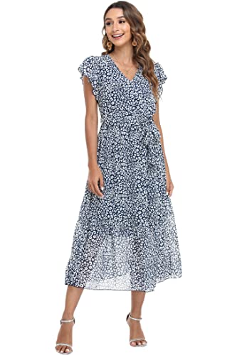 Image of VintageClothing Womens Sundress Casual Floral Summer Boho Dress | Flowy Wrap V Neck Ruffle A-Line Pleated Hem Midi Dresses